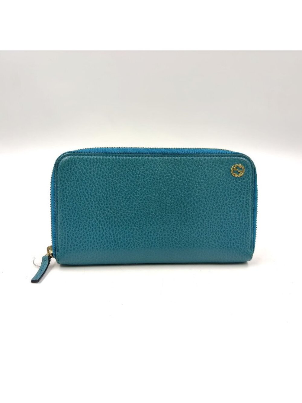 Gucci Interlocking G Zip Around Leather Turquoise Blue Wallet Gold